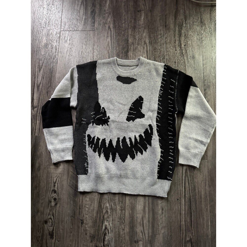 Halloween Spooky Face Pumpkin Face Sweater Black & Grey - Women’s Large New